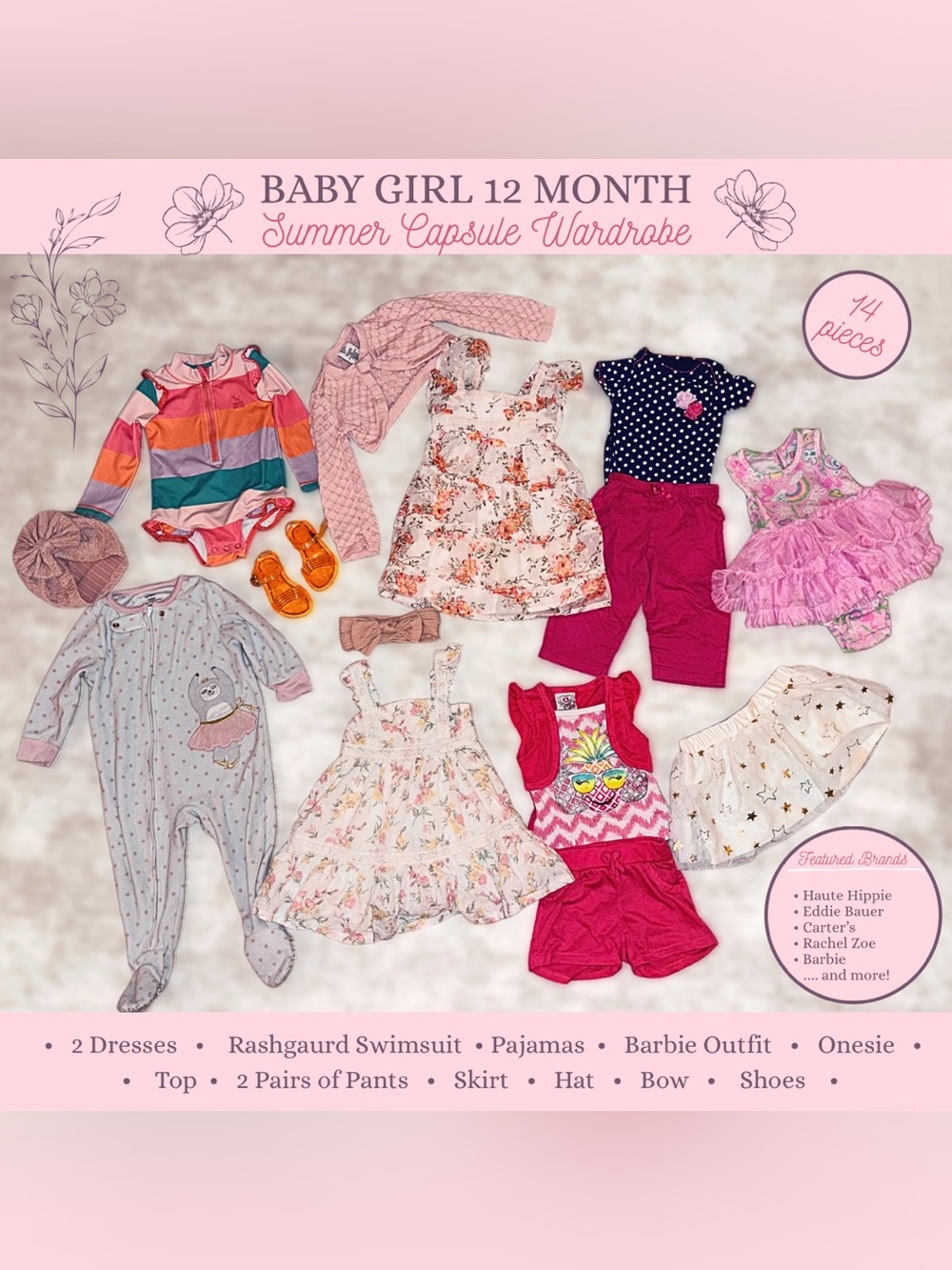 Baby Girl 12 Months Summer Capsule Wardrobe | 14 Pieces | Boutique Brands